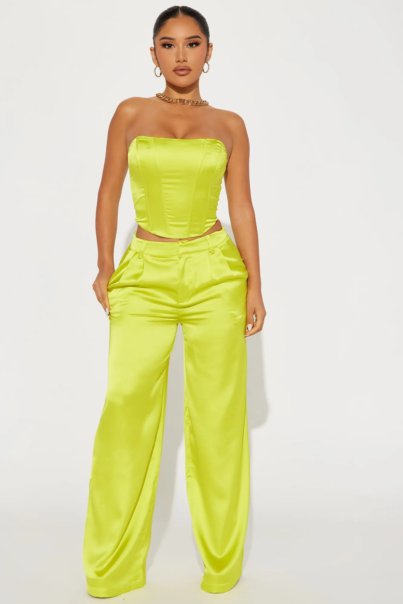 Adriana Satin Pant Set - Lime