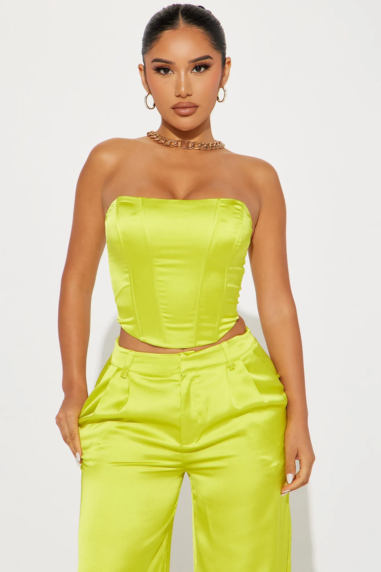 Adriana Satin Pant Set - Lime