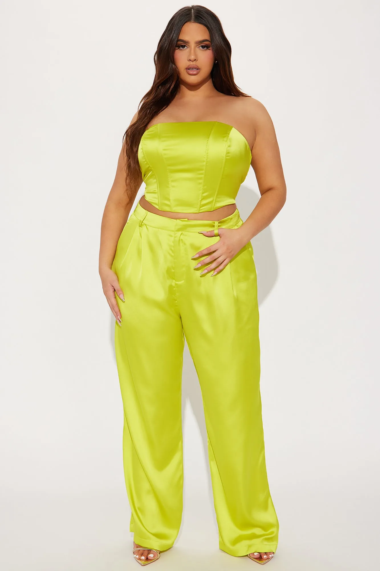 Adriana Satin Pant Set - Lime