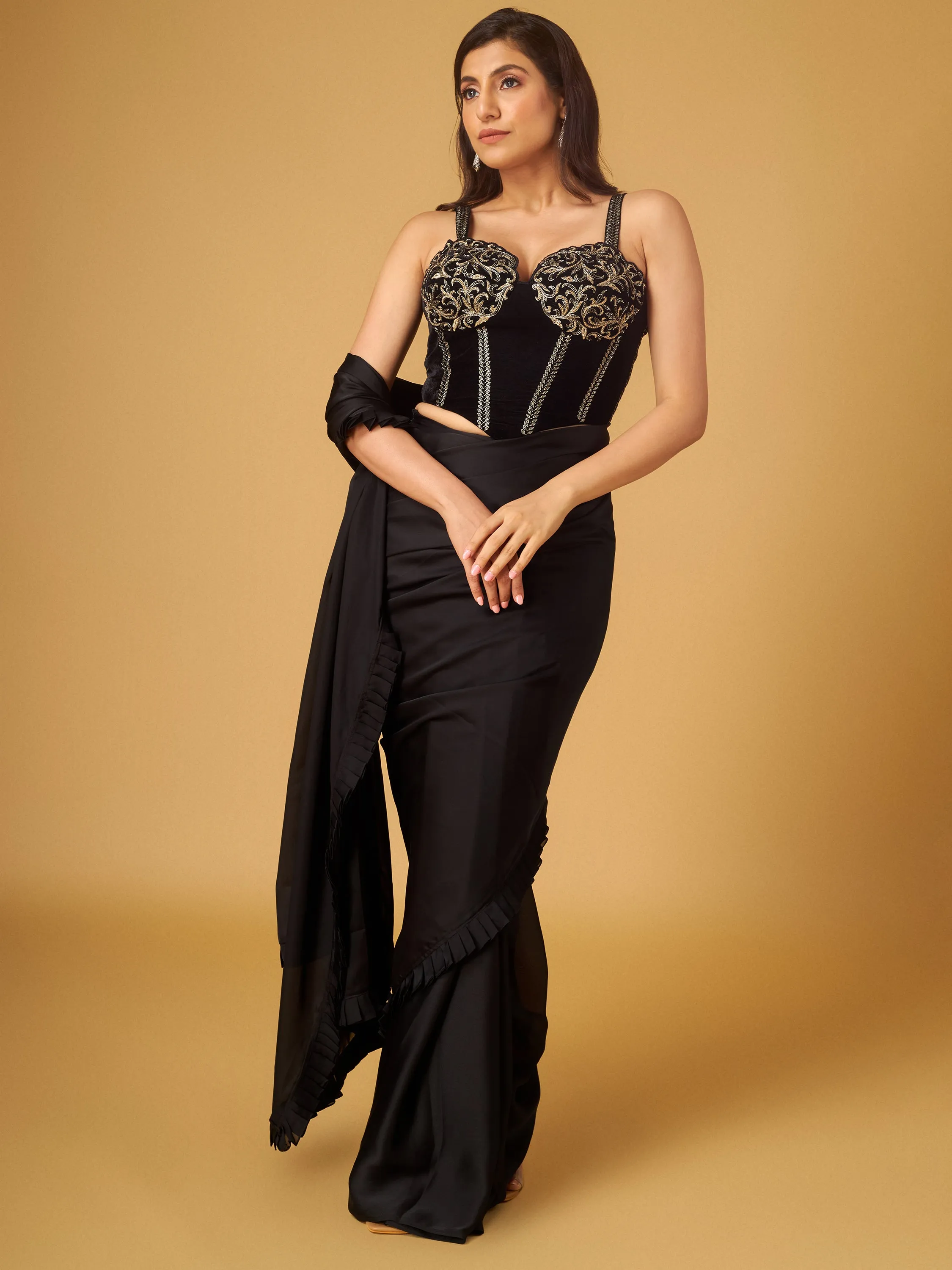Black Satin Georgette Pre-Stitched Saree with Embroidered Corset