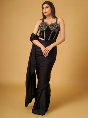 Black Satin Georgette Pre-Stitched Saree with Embroidered Corset