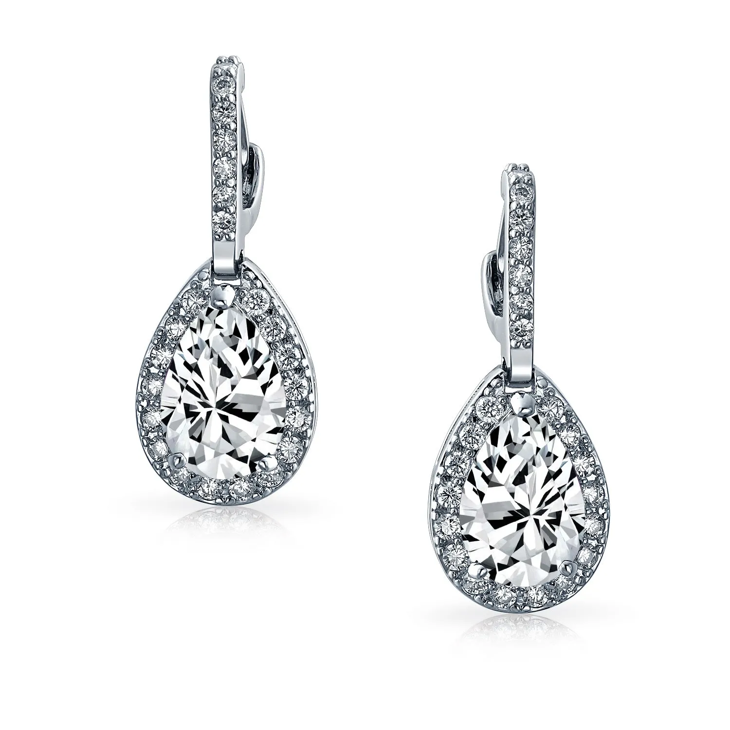 Bridal 7CT CZ Teardrop Halo AAA CZ Drop Huggie Pierced Earrings