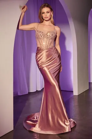 CC8884 FITTED ROSE GOLD SATIN DRESS WITH BEADED BODICE