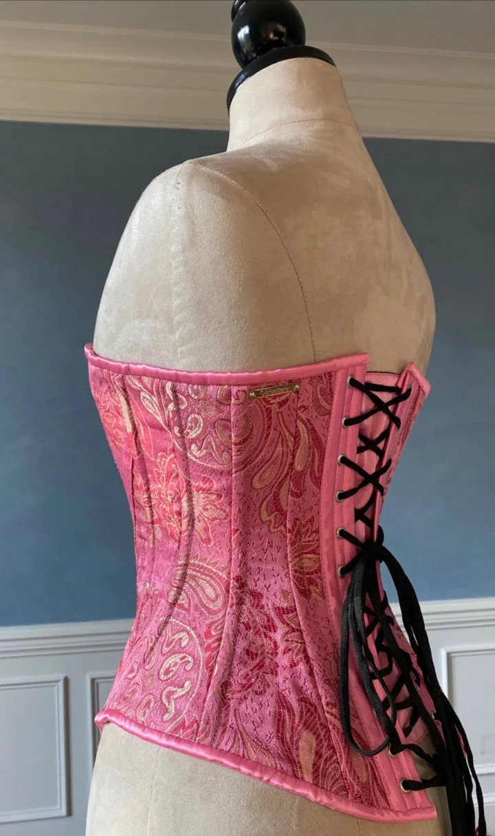 Historical pattern Edwardian overbust corset from pink brocade. Steelbone wedding corset