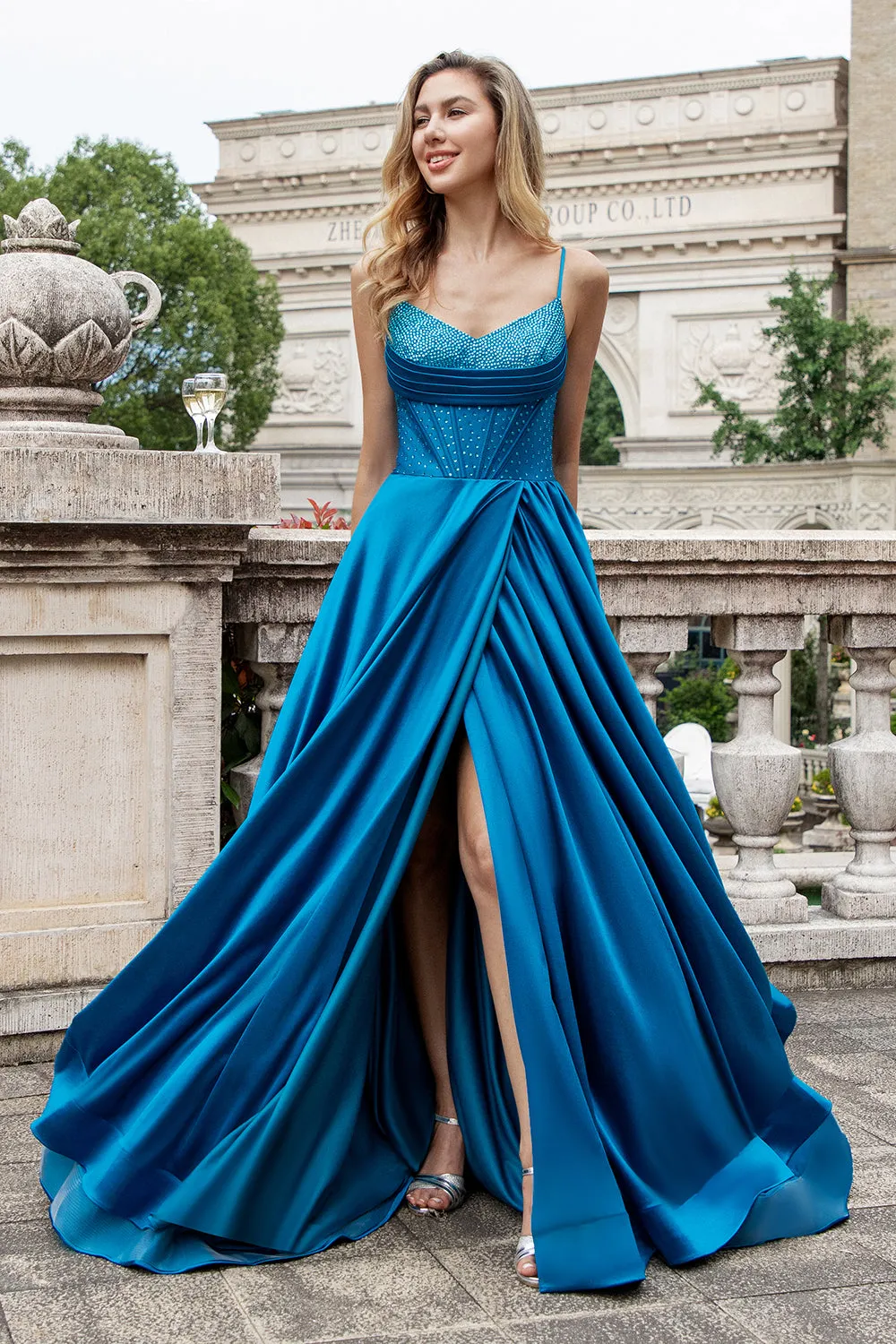Luolandi A Line Spaghetti Straps Split Corset Long Prom Dress With Beading Sexy Evening Dresses