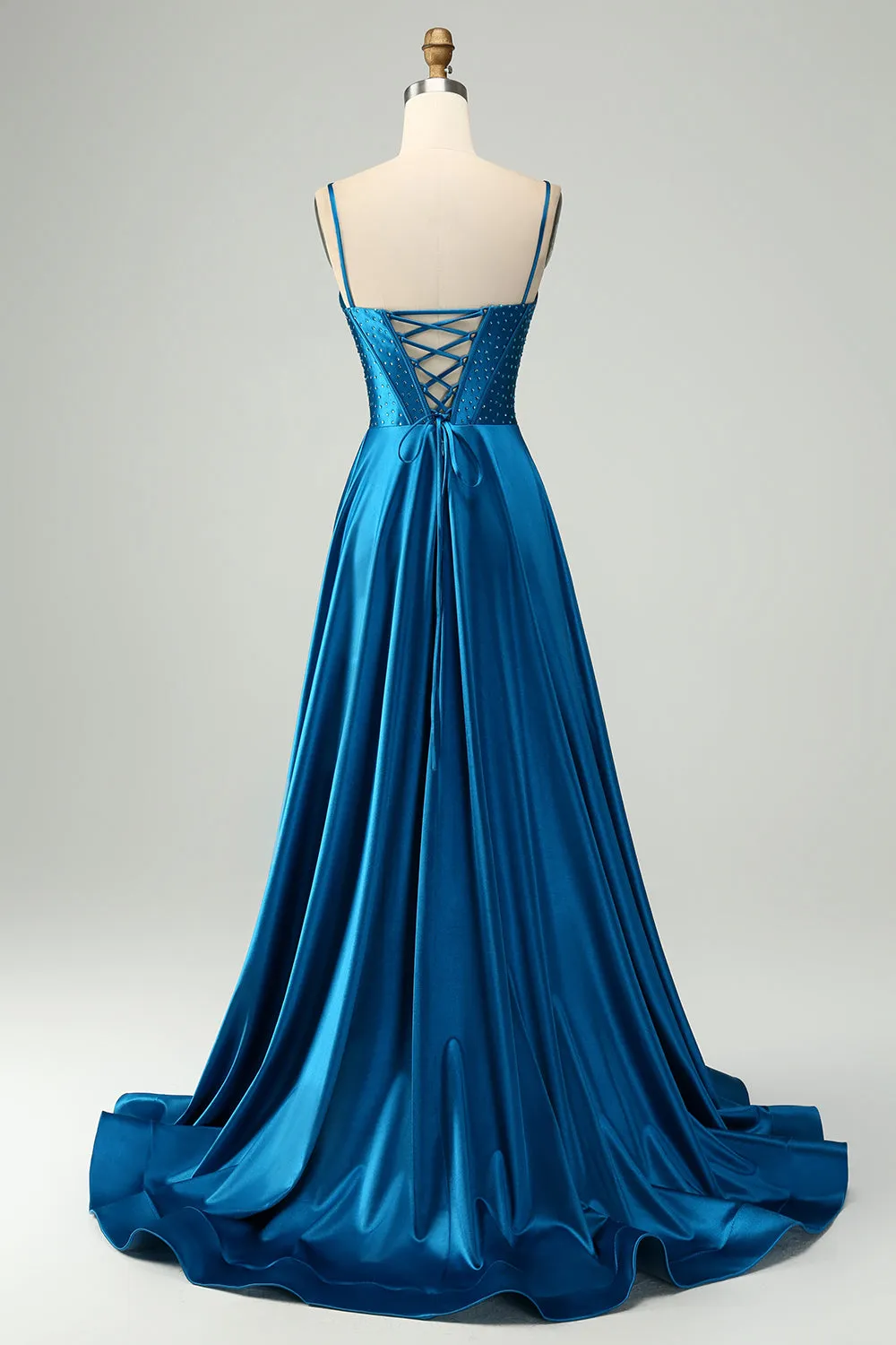 Luolandi A Line Spaghetti Straps Split Corset Long Prom Dress With Beading Sexy Evening Dresses