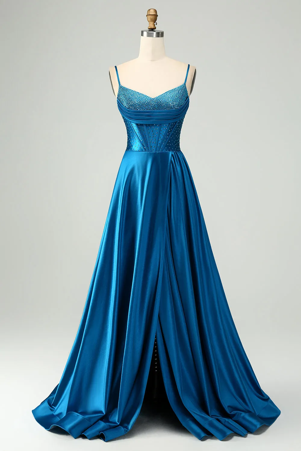 Luolandi A Line Spaghetti Straps Split Corset Long Prom Dress With Beading Sexy Evening Dresses