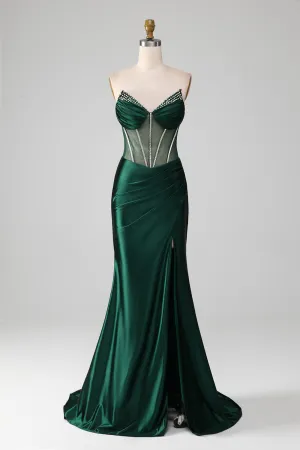 Luolandi Dark Green Mermaid Strapless Corset Pleated Long Prom Dress With Slit Sexy Evening Dresses