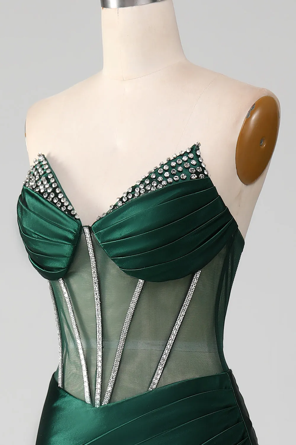 Luolandi Dark Green Mermaid Strapless Corset Pleated Long Prom Dress With Slit Sexy Evening Dresses