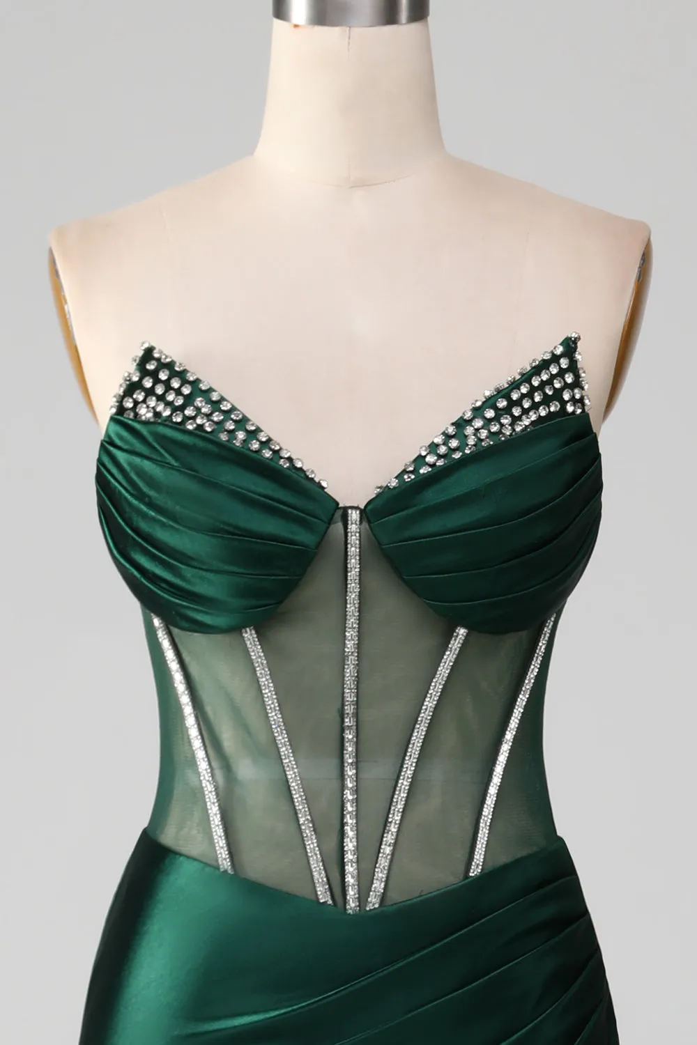Luolandi Dark Green Mermaid Strapless Corset Pleated Long Prom Dress With Slit Sexy Evening Dresses
