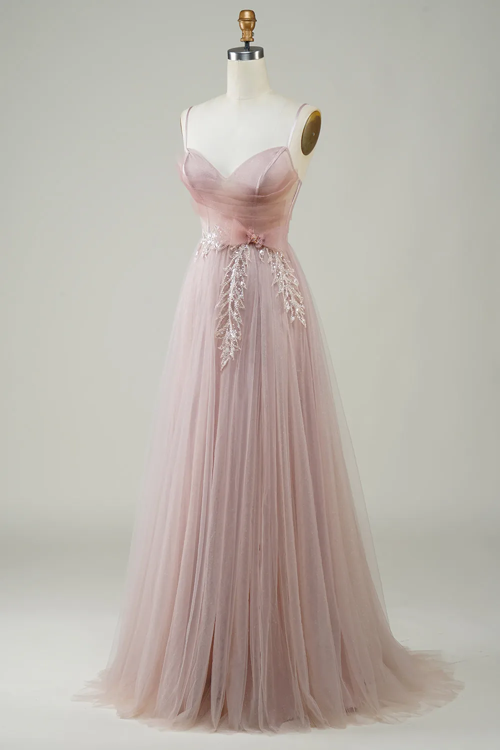 Luolandi Dress Blush A-Line Corset Long Tulle Prom Dress with Appliques V-neck Beautiful