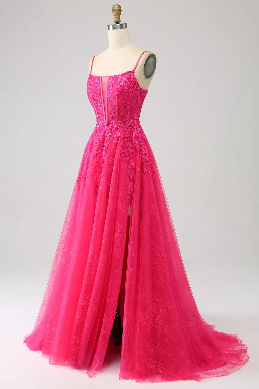 Luolandi Fuchsia A-Line Spaghetti Straps Corset Lace Long Prom Dress with Slit Sexy
