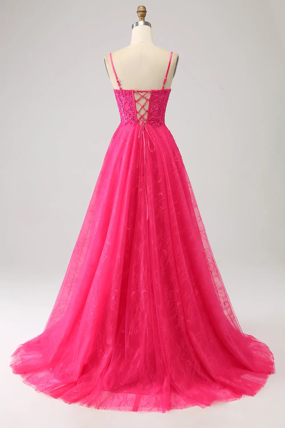 Luolandi Fuchsia A-Line Spaghetti Straps Corset Lace Long Prom Dress with Slit Sexy