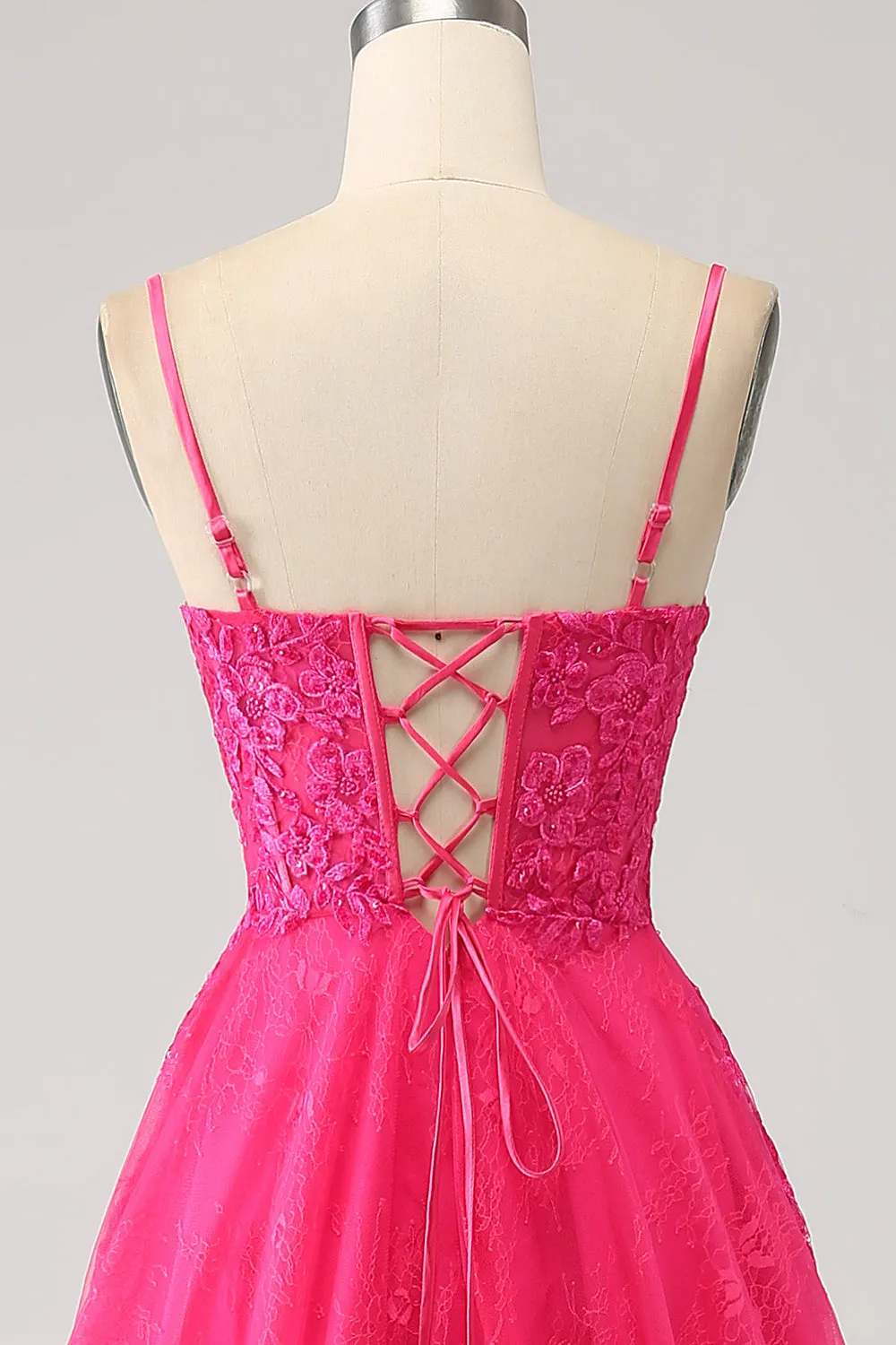 Luolandi Fuchsia A-Line Spaghetti Straps Corset Lace Long Prom Dress with Slit Sexy