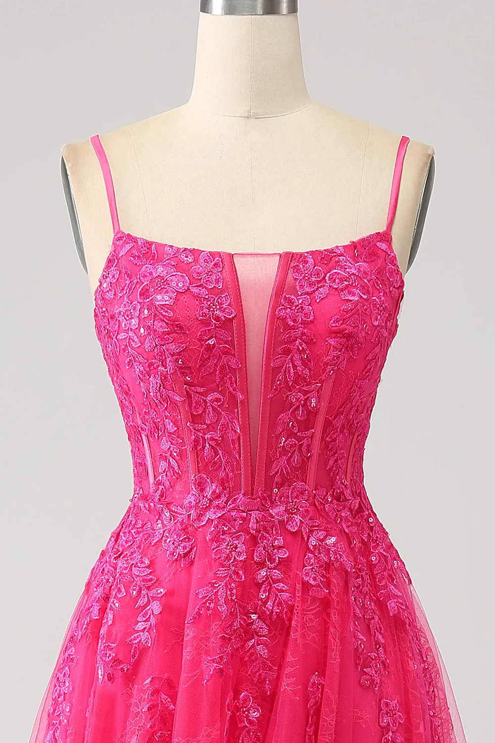 Luolandi Fuchsia A-Line Spaghetti Straps Corset Lace Long Prom Dress with Slit Sexy