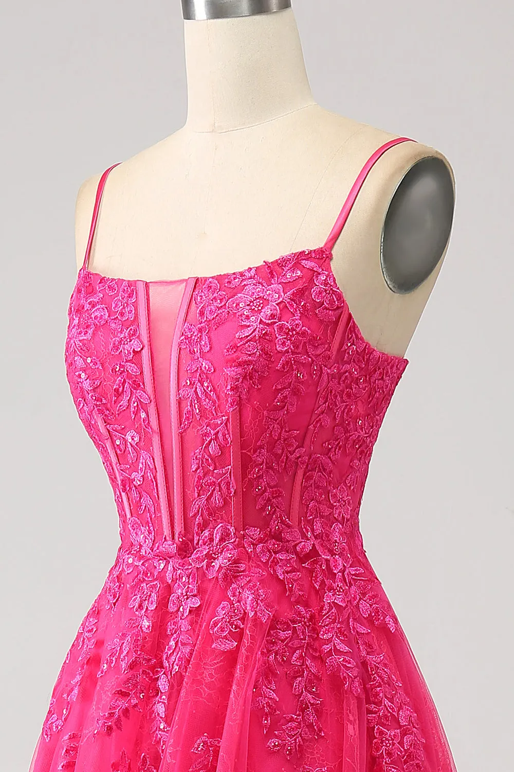 Luolandi Fuchsia A-Line Spaghetti Straps Corset Lace Long Prom Dress with Slit Sexy
