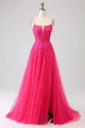 Luolandi Fuchsia A-Line Spaghetti Straps Corset Lace Long Prom Dress with Slit Sexy