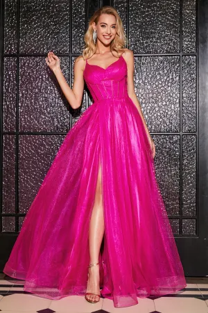 Luolandi Fuchsia A-Line Spaghetti Straps Long Corset Prom Dress with Slit Sexy Evening Dresses
