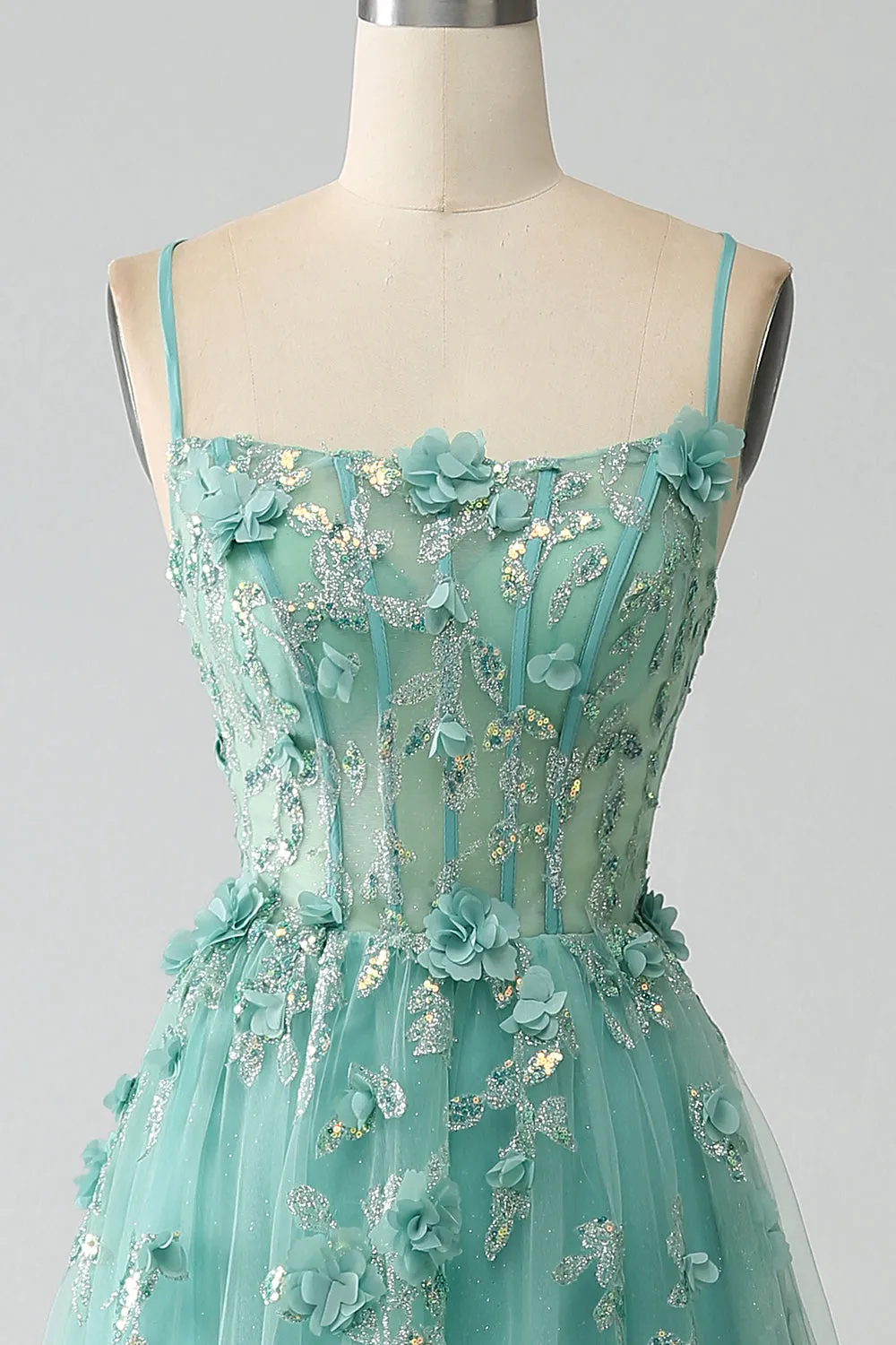 Luolandi Green A-Line Spaghetti Straps Long Corset Prom Dress with Appliques Floor Length With Slit