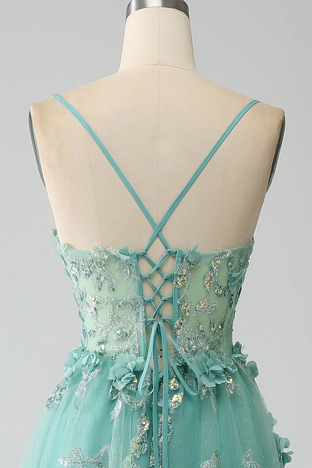 Luolandi Green A-Line Spaghetti Straps Long Corset Prom Dress with Appliques Floor Length With Slit