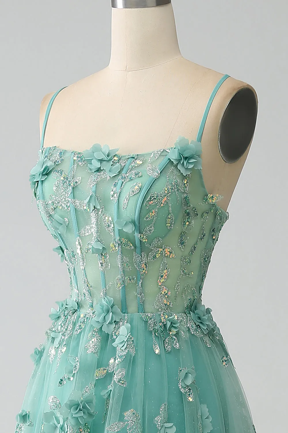Luolandi Green A-Line Spaghetti Straps Long Corset Prom Dress with Appliques Floor Length With Slit