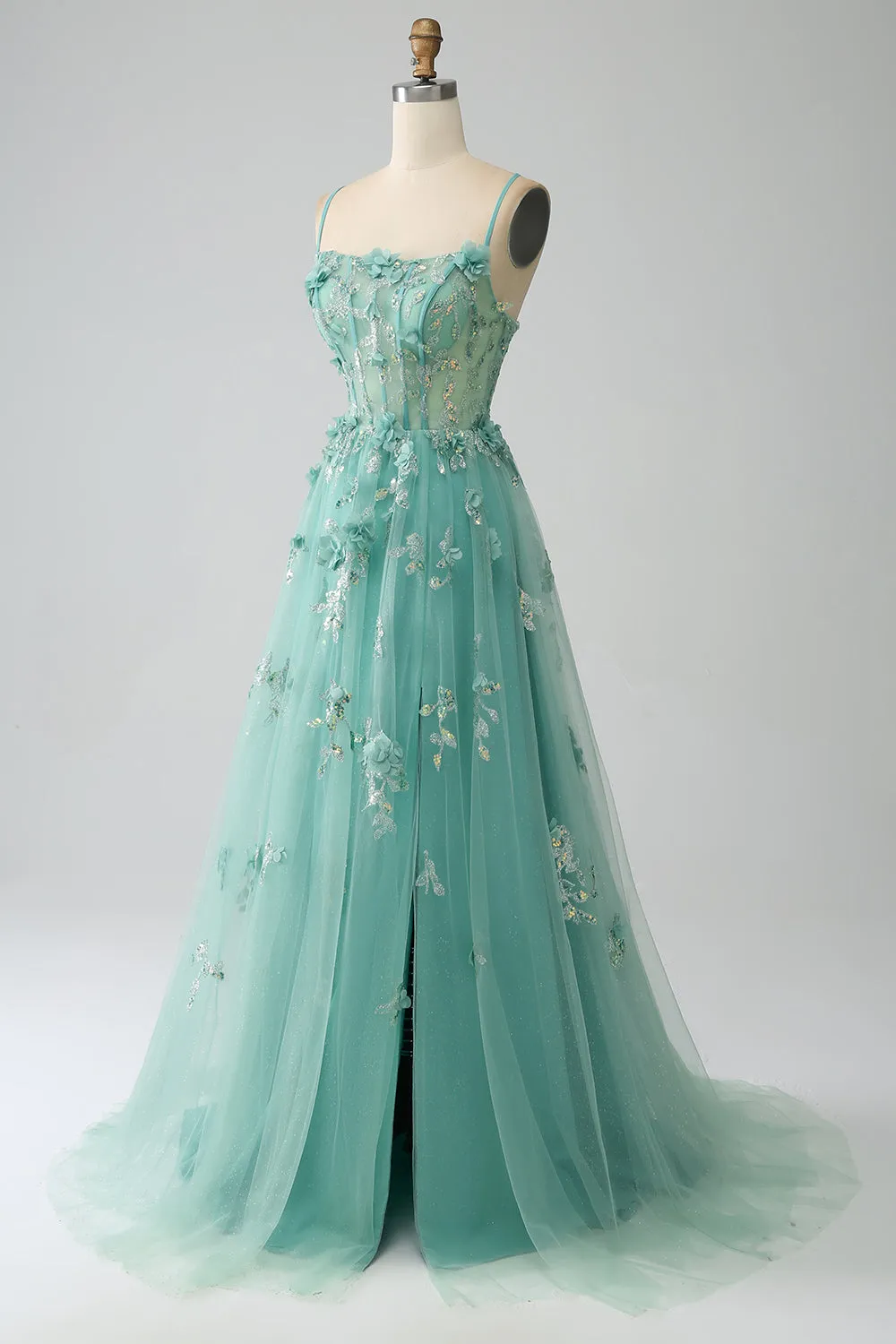 Luolandi Green A-Line Spaghetti Straps Long Corset Prom Dress with Appliques Floor Length With Slit