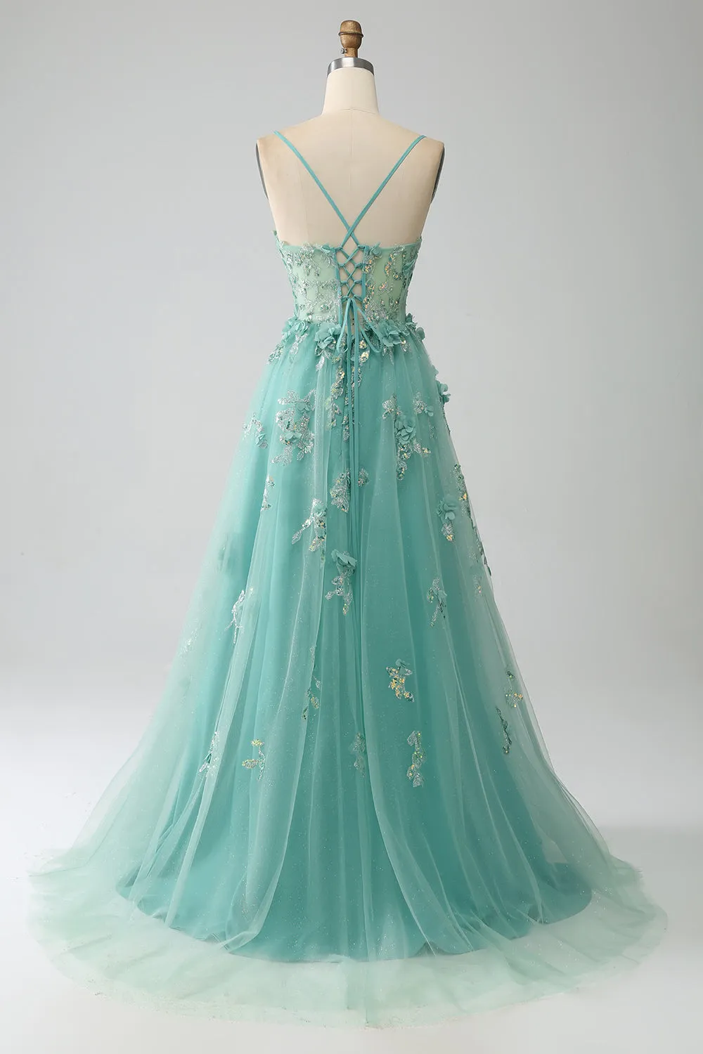 Luolandi Green A-Line Spaghetti Straps Long Corset Prom Dress with Appliques Floor Length With Slit