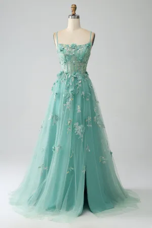 Luolandi Green A-Line Spaghetti Straps Long Corset Prom Dress with Appliques Floor Length With Slit