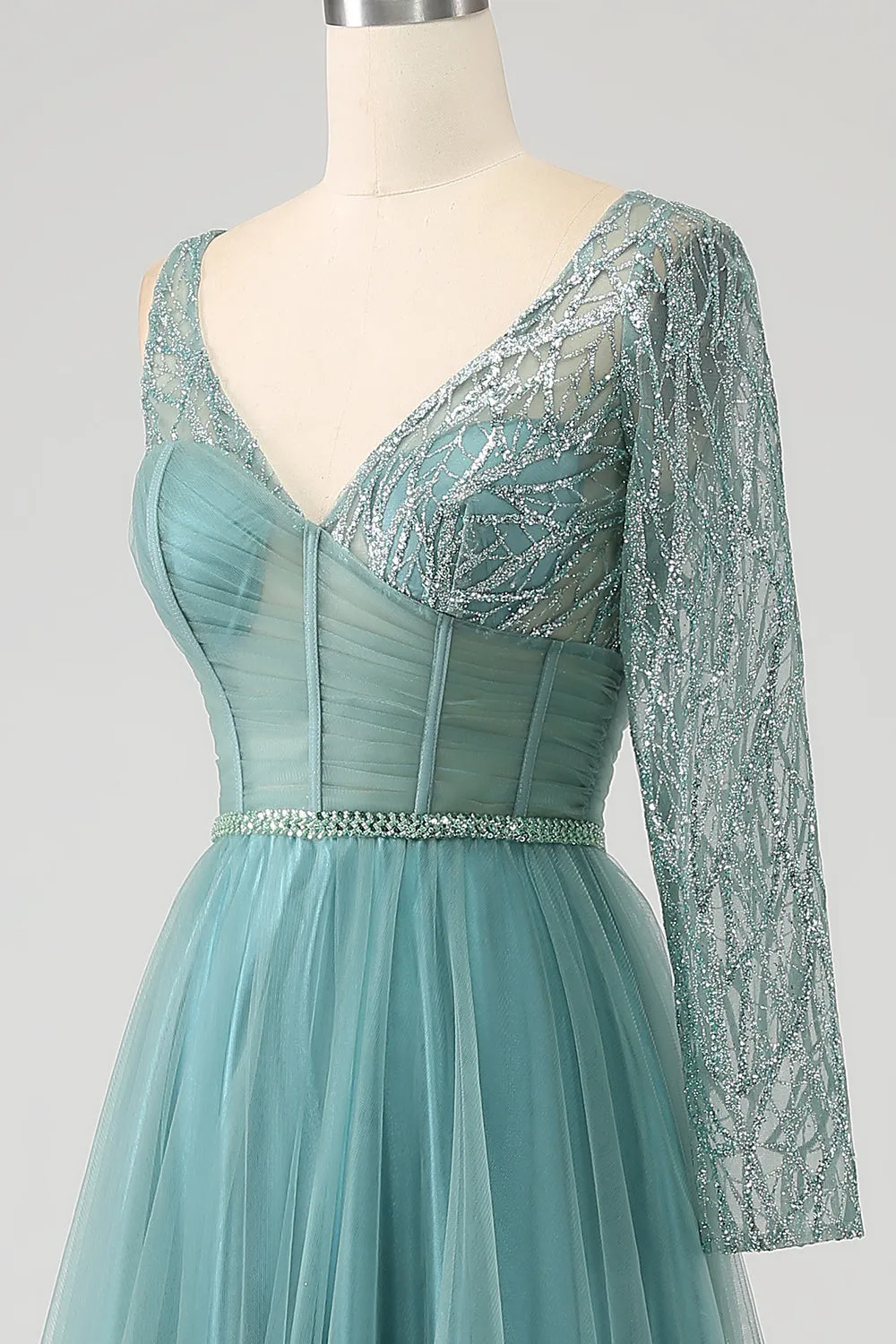 Luolandi Green A-Line Sparkly Sequin Long Corset Prom Dress Sexy Evening Dresses