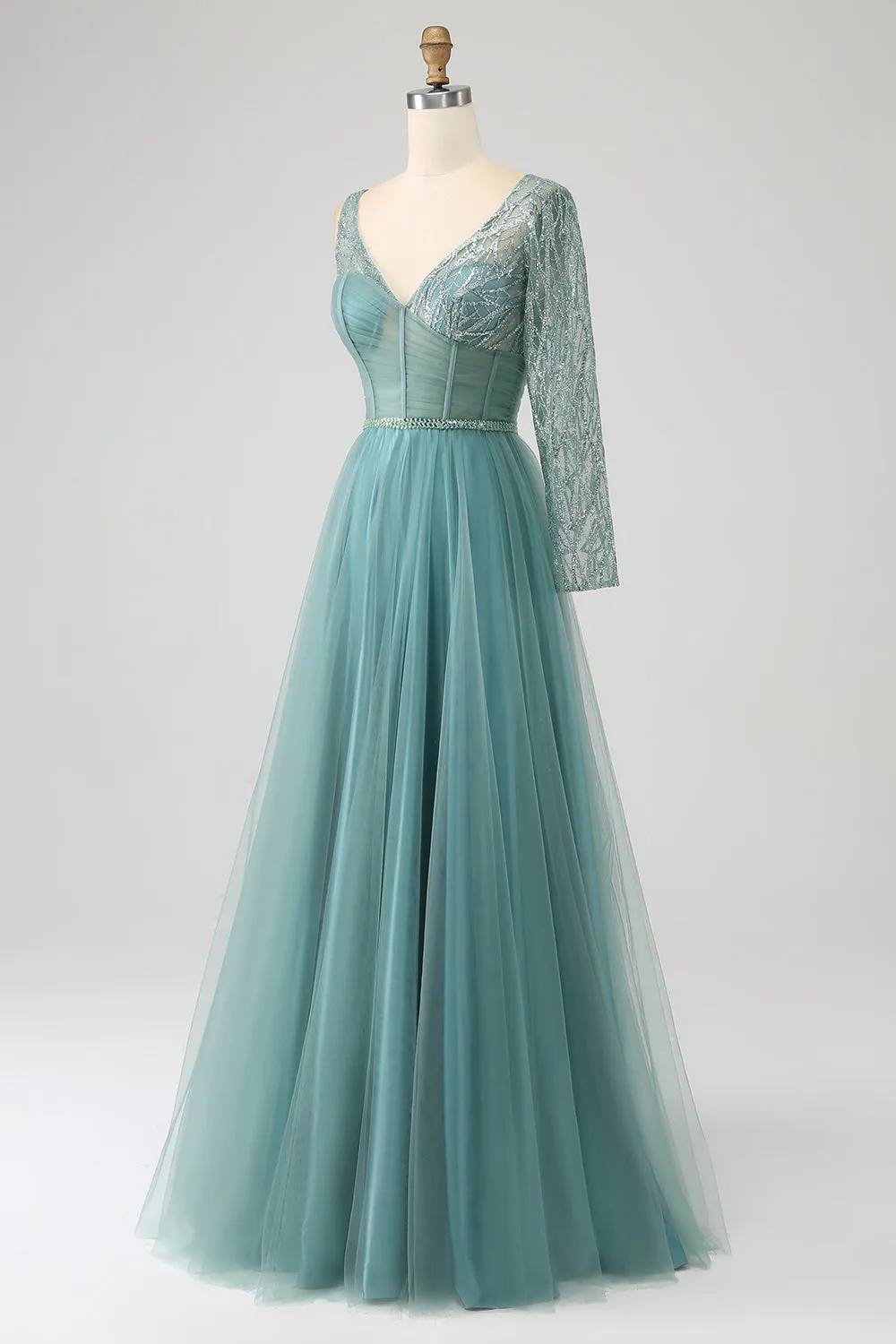Luolandi Green A-Line Sparkly Sequin Long Corset Prom Dress Sexy Evening Dresses