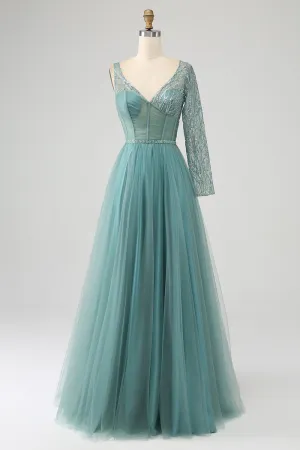 Luolandi Green A-Line Sparkly Sequin Long Corset Prom Dress Sexy Evening Dresses