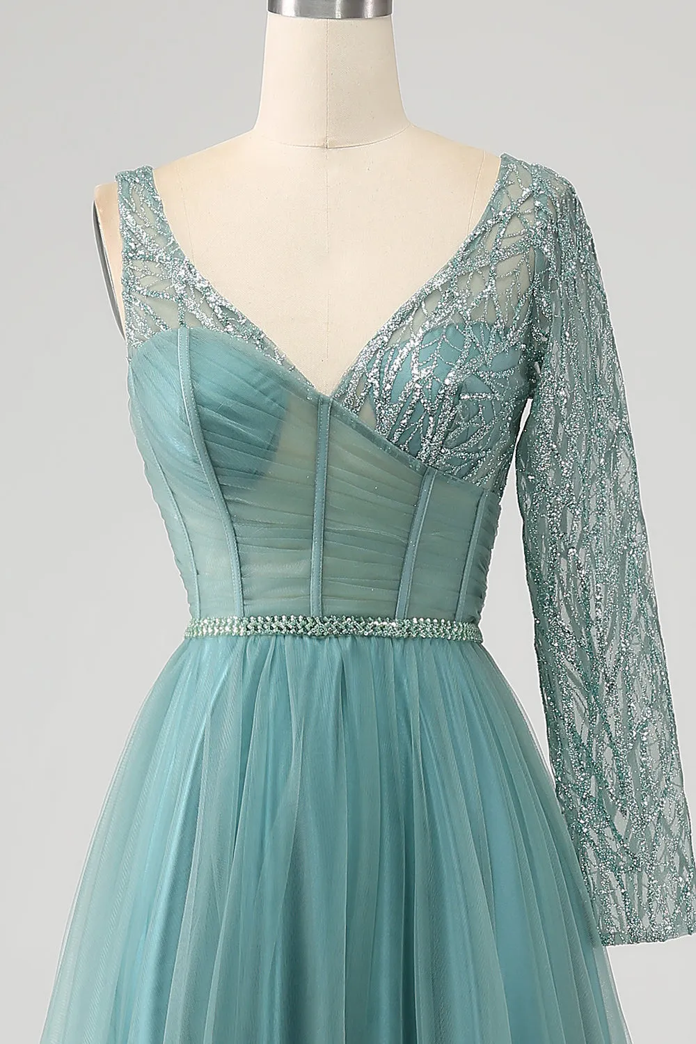 Luolandi Green A-Line Sparkly Sequin Long Corset Prom Dress Sexy Evening Dresses
