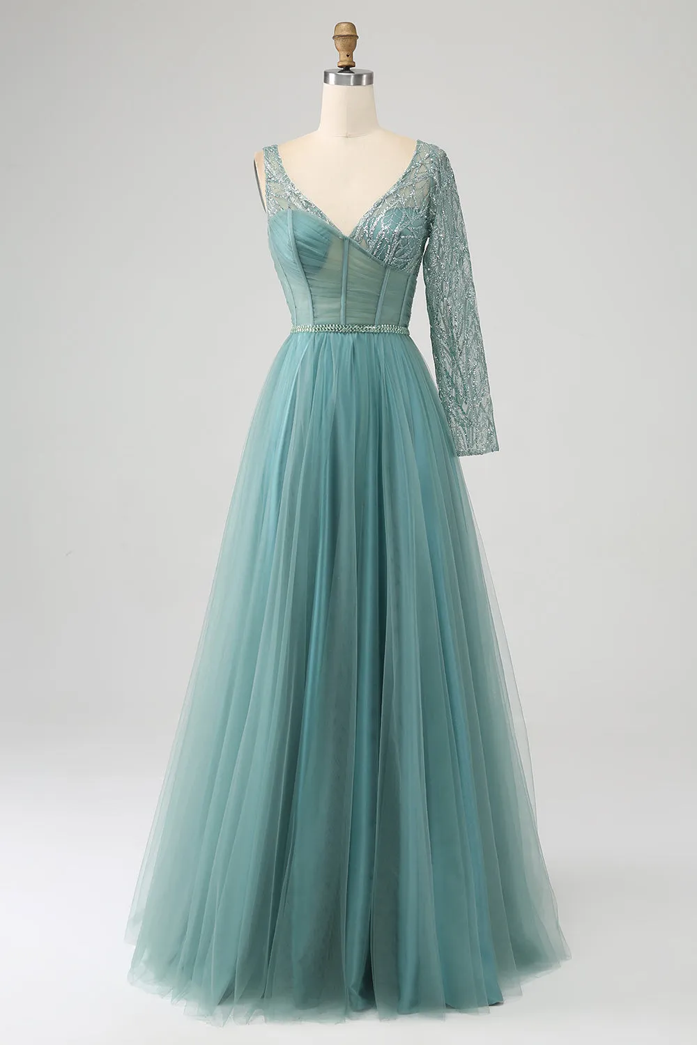 Luolandi Green A-Line Sparkly Sequin Long Corset Prom Dress Sexy Evening Dresses