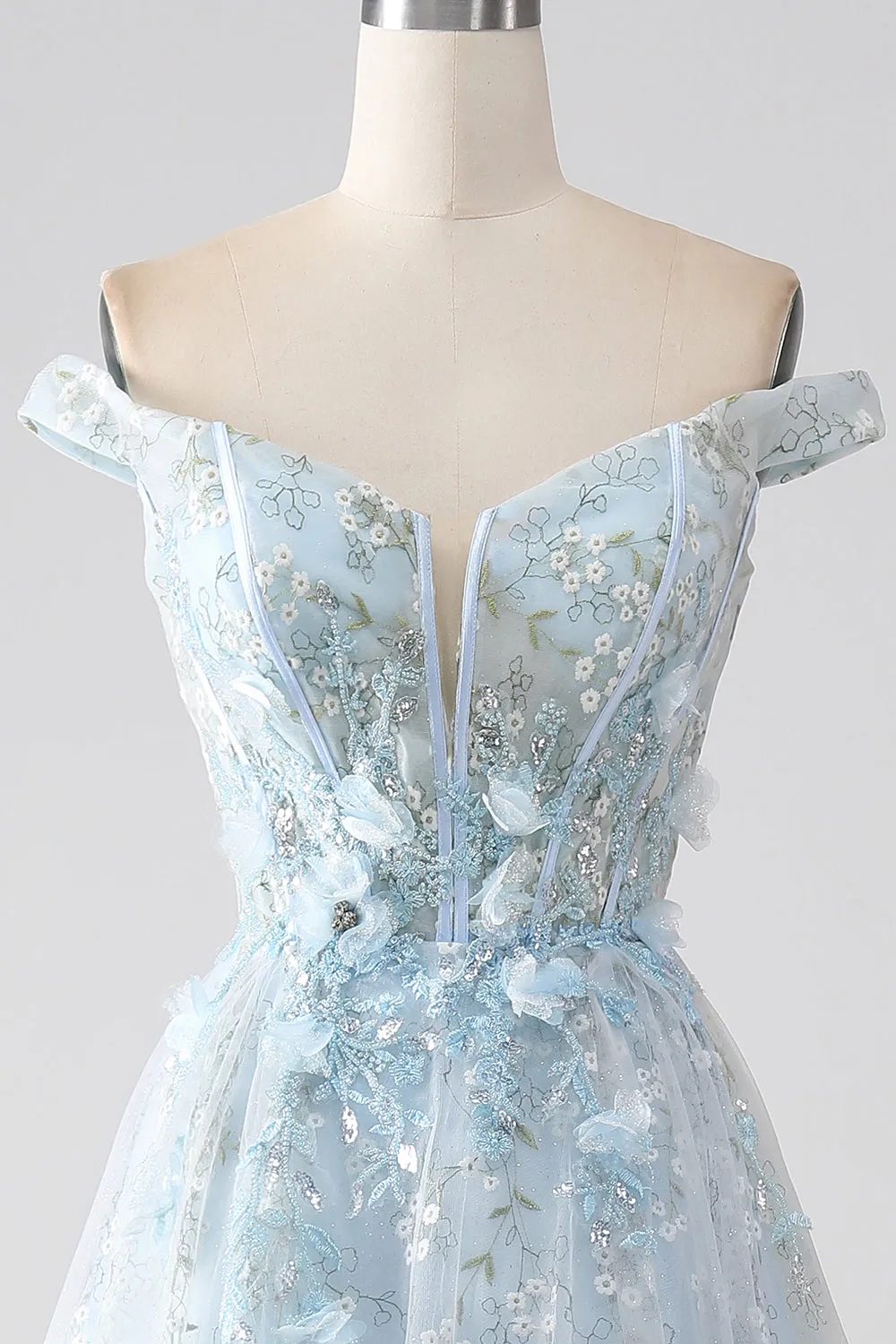 Luolandi Light Blue A-Line Off the Shoulder Long Corset Prom Dress With Appliques Beautiful