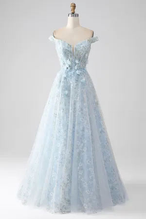Luolandi Light Blue A-Line Off the Shoulder Long Corset Prom Dress With Appliques Beautiful