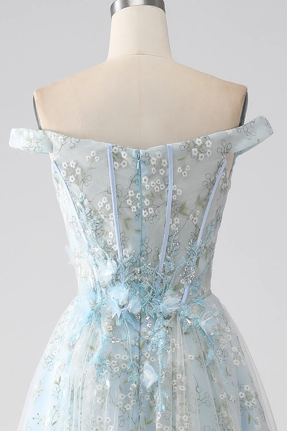 Luolandi Light Blue A-Line Off the Shoulder Long Corset Prom Dress With Appliques Beautiful