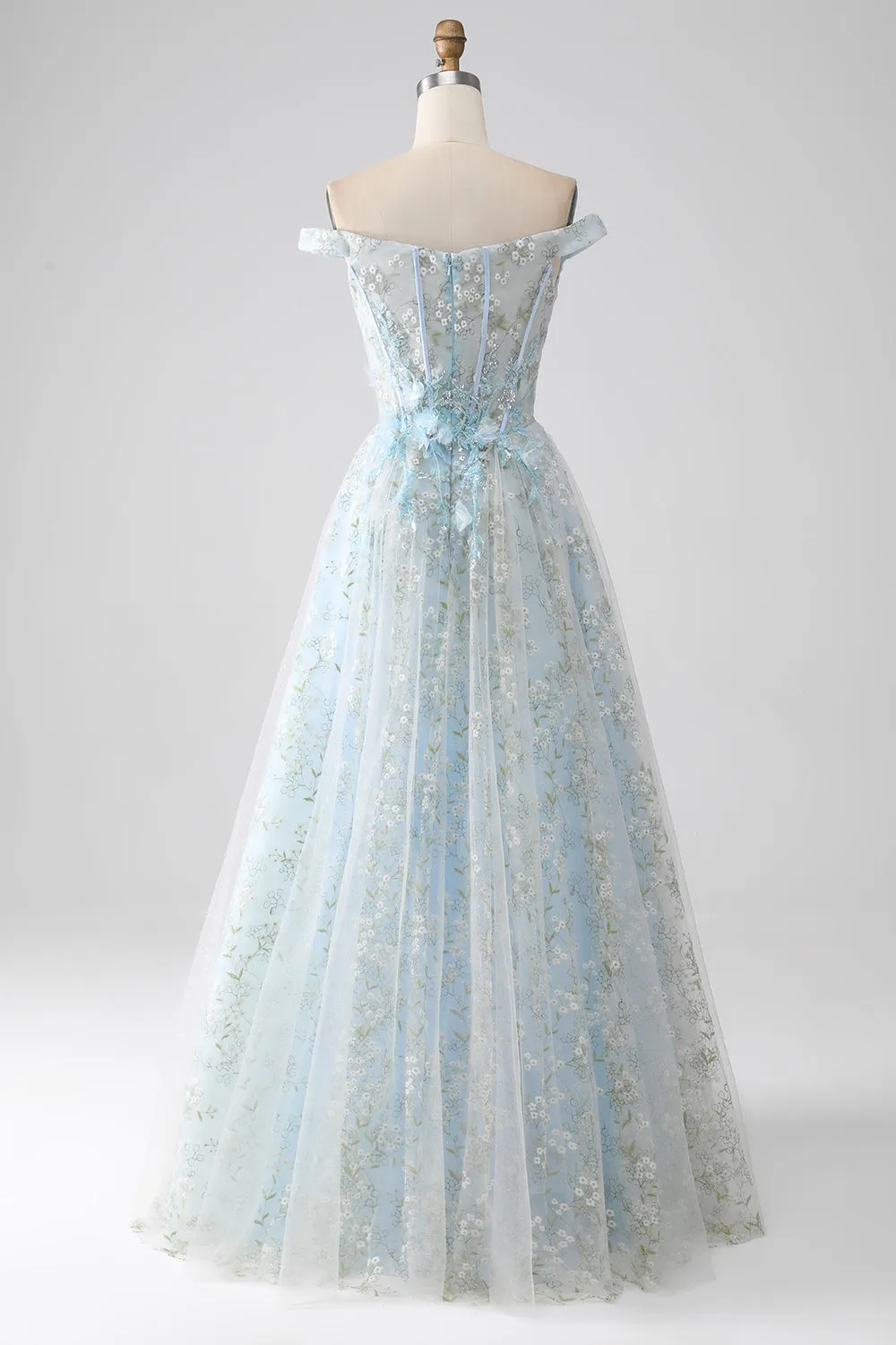 Luolandi Light Blue A-Line Off the Shoulder Long Corset Prom Dress With Appliques Beautiful