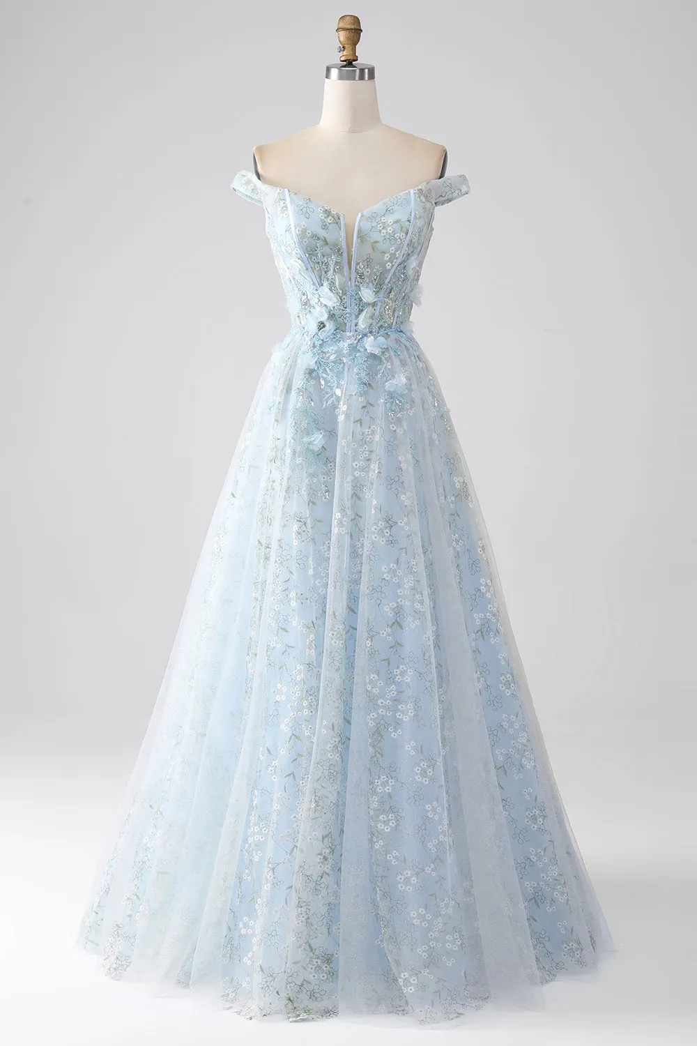 Luolandi Light Blue A-Line Off the Shoulder Long Corset Prom Dress With Appliques Beautiful