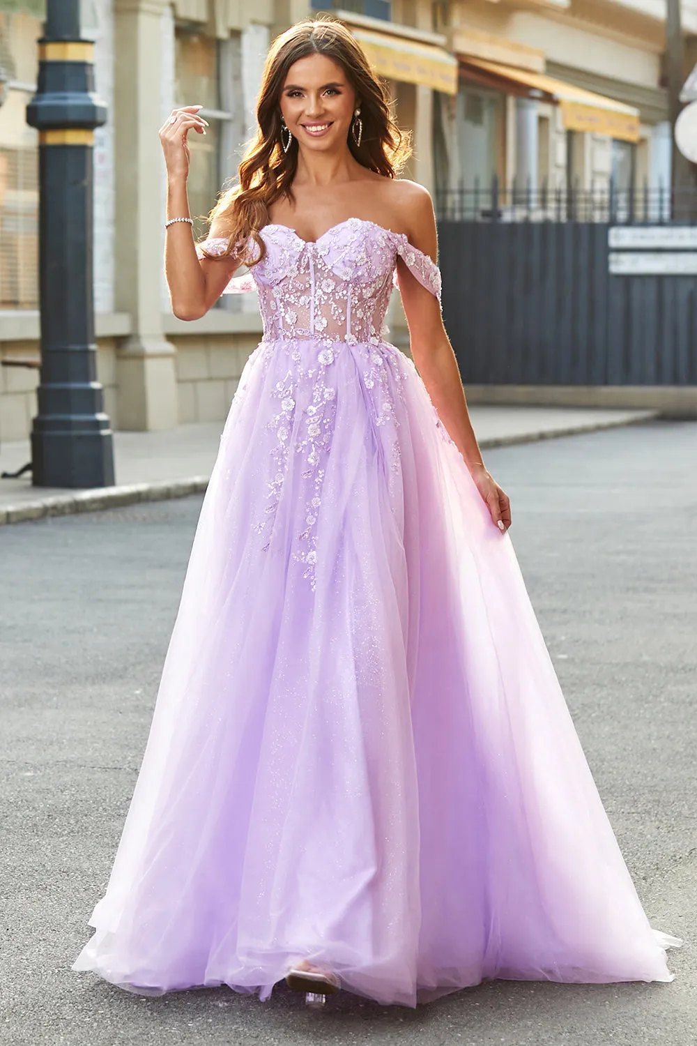 Luolandi Lilac A-Line Off The Shoulder Beaded Long Corset Prom Dress With Slit Beautiful