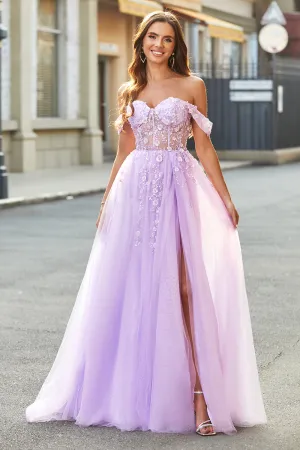 Luolandi Lilac A-Line Off The Shoulder Beaded Long Corset Prom Dress With Slit Beautiful