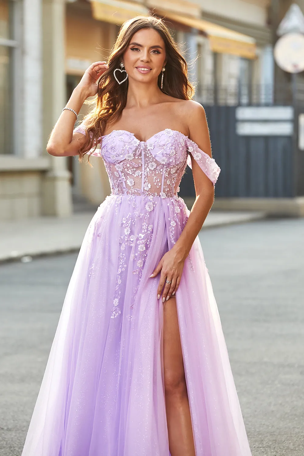 Luolandi Lilac A-Line Off The Shoulder Beaded Long Corset Prom Dress With Slit Beautiful