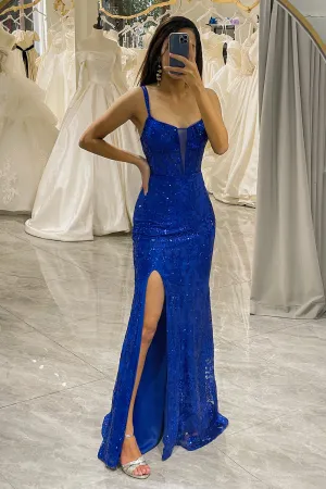 Luolandi Royal Blue Mermaid Sparkly Long Corset Prom Dress With Slit Sexy Evening Dresses