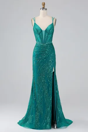 Luolandi Sparkly Dark Green Mermaid Spaghetti Straps Sequin Corset Long Prom Dress With Slit Sexy Evening Dresses