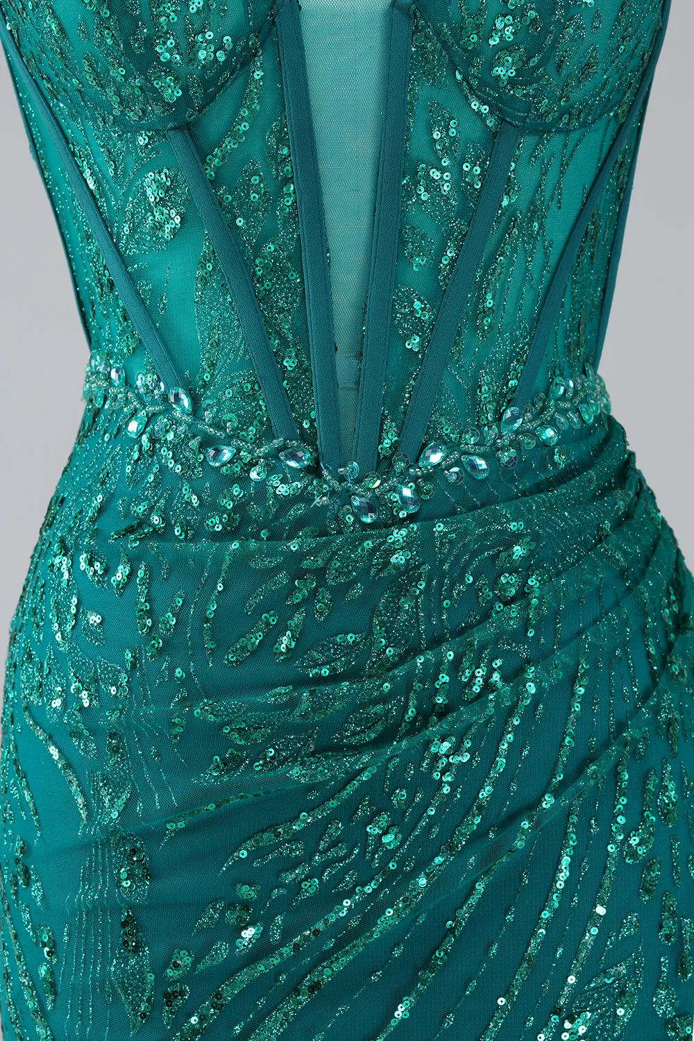 Luolandi Sparkly Dark Green Mermaid Spaghetti Straps Sequin Corset Long Prom Dress With Slit Sexy Evening Dresses