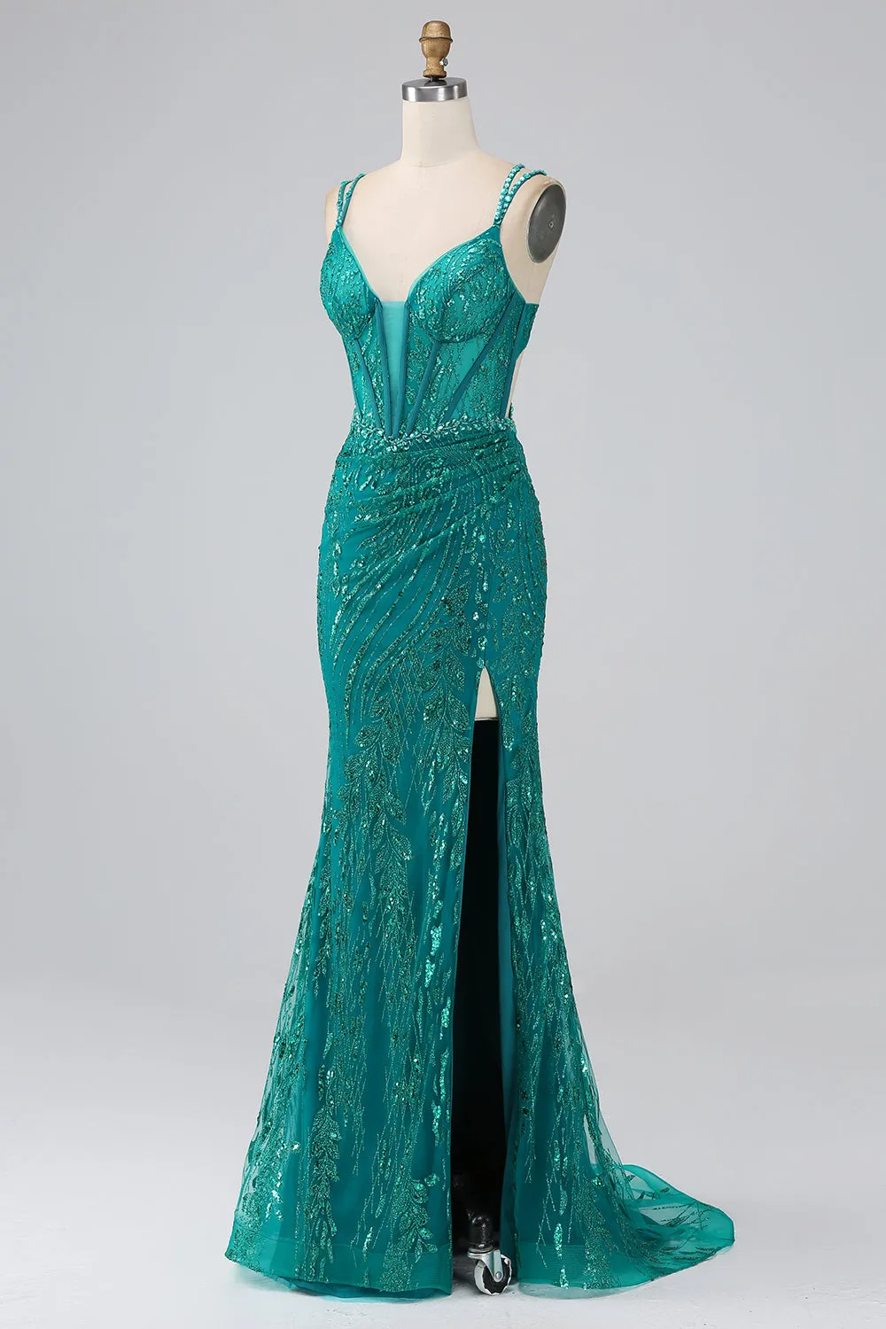 Luolandi Sparkly Dark Green Mermaid Spaghetti Straps Sequin Corset Long Prom Dress With Slit Sexy Evening Dresses