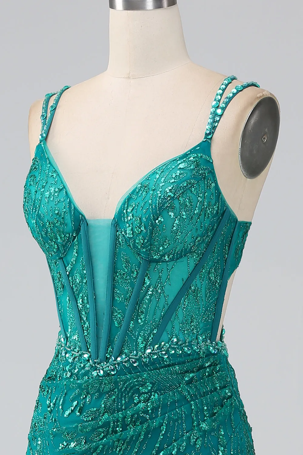 Luolandi Sparkly Dark Green Mermaid Spaghetti Straps Sequin Corset Long Prom Dress With Slit Sexy Evening Dresses