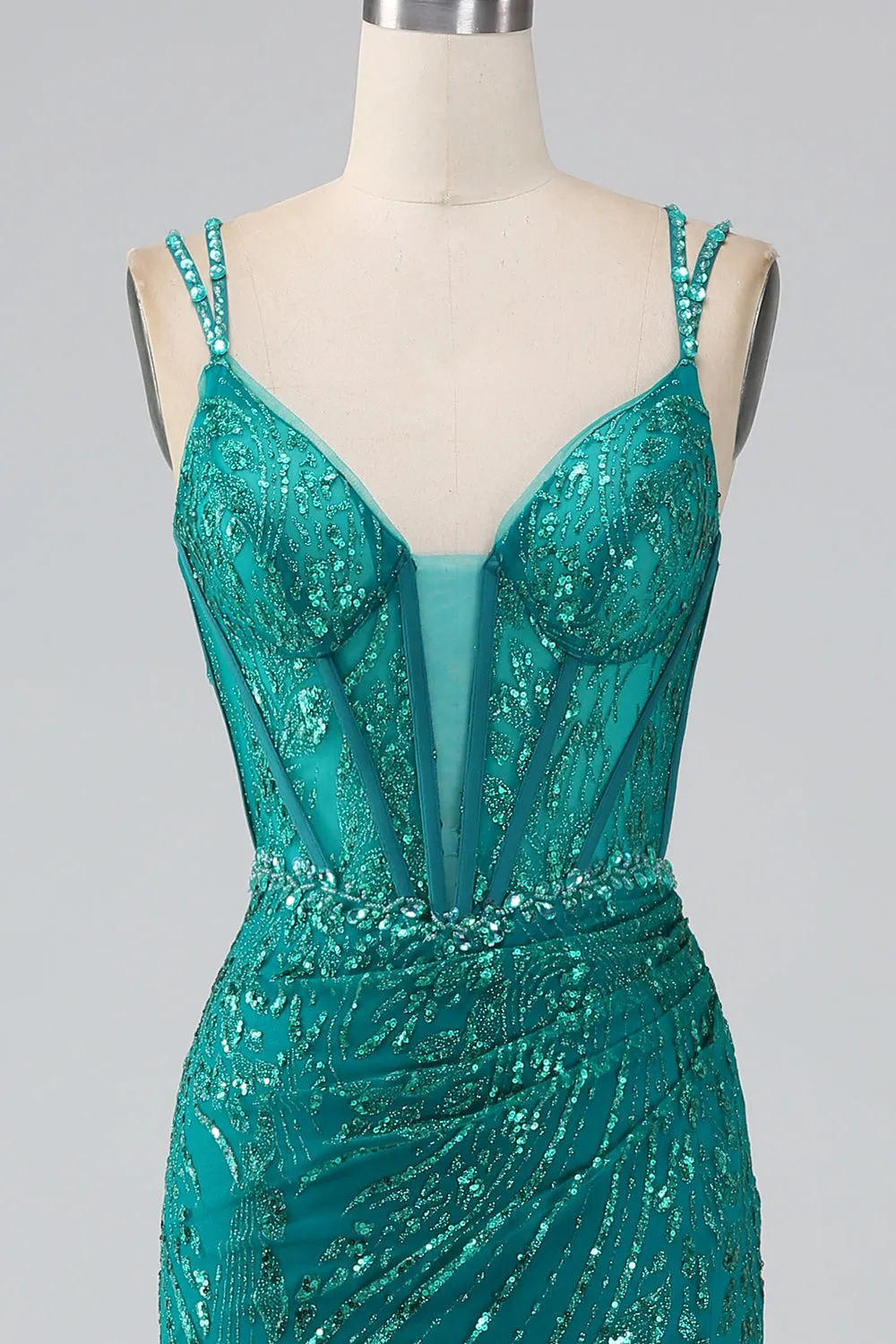 Luolandi Sparkly Dark Green Mermaid Spaghetti Straps Sequin Corset Long Prom Dress With Slit Sexy Evening Dresses