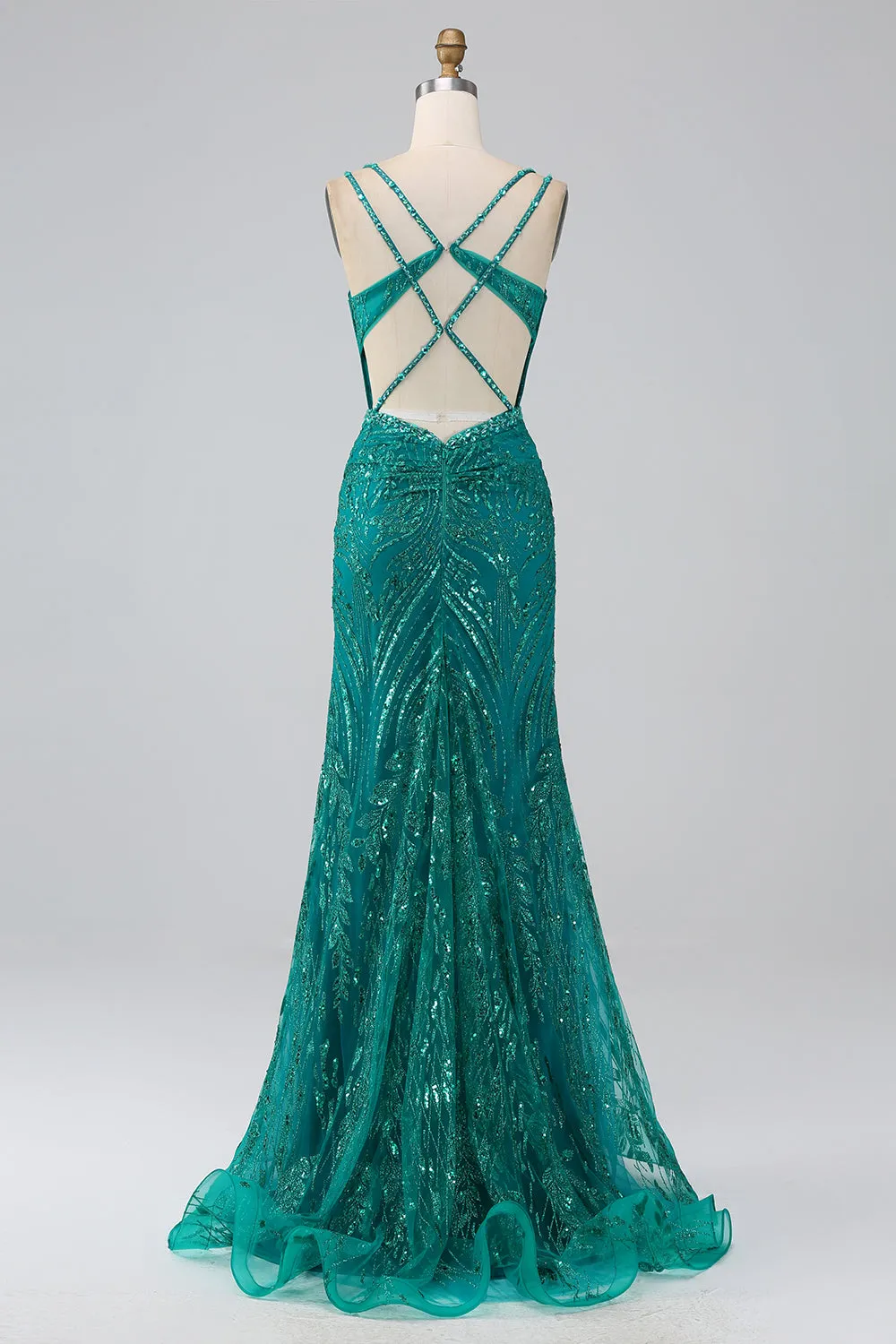 Luolandi Sparkly Dark Green Mermaid Spaghetti Straps Sequin Corset Long Prom Dress With Slit Sexy Evening Dresses