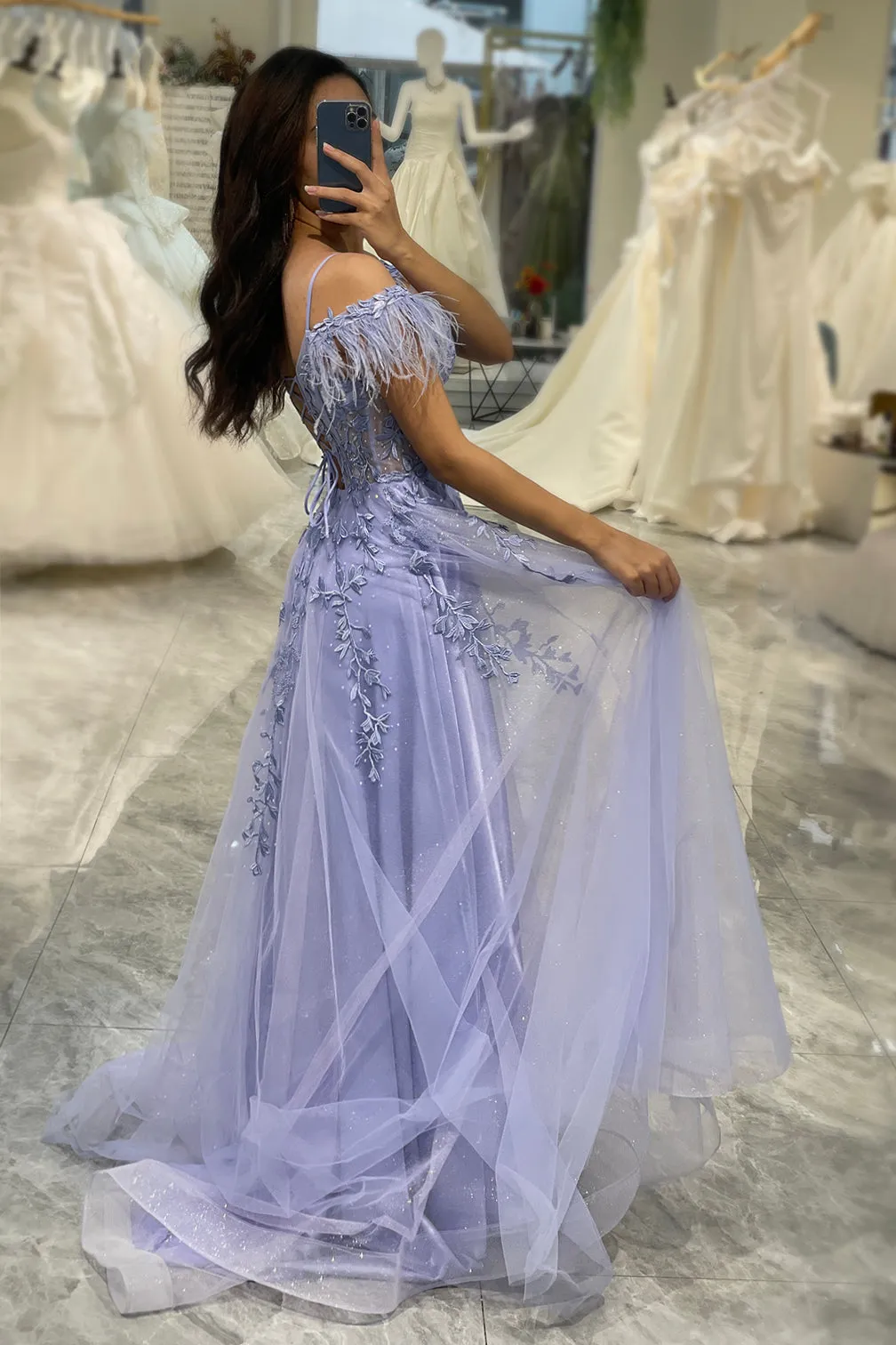 Luolandi Sparkly Lilac A Line Tulle Long Corset Prom Dress With Appliques Beautiful