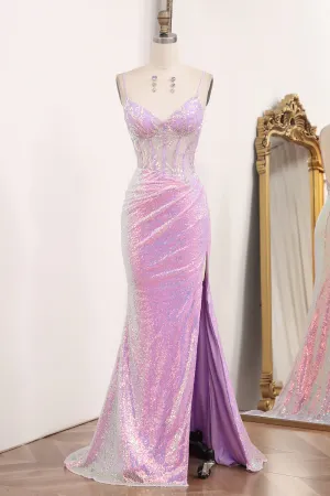 Luolandi Sparkly Mermaid Backless Long Corset Prom Dress With Slit Sexy Evening Dresses